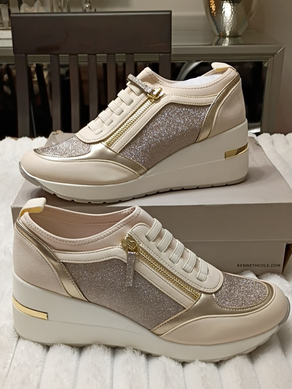 New Kenneth Fiona Cole Cream and Gold Glitter Wedge Sneakers SZ 9